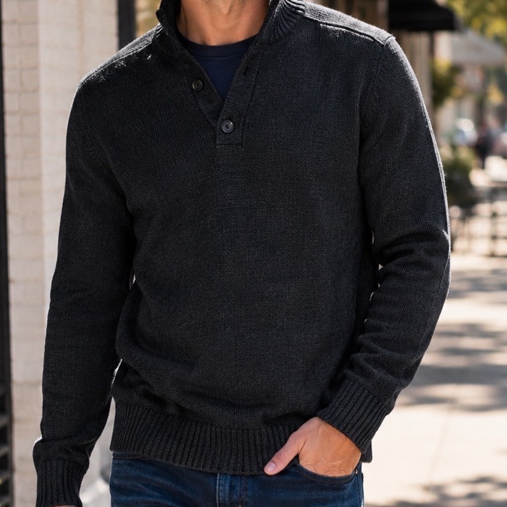 32 Bar Blues Mens Charcoal Gray Textured Knit Quarter  Mock Neck Sweater FB4M